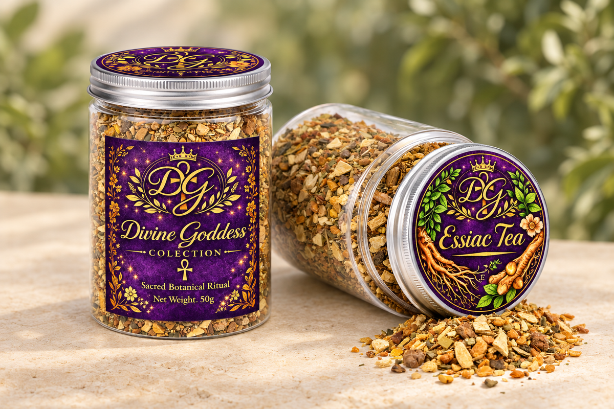 Essiac herbal tea jars on warm natural stone with softly blurred greenery